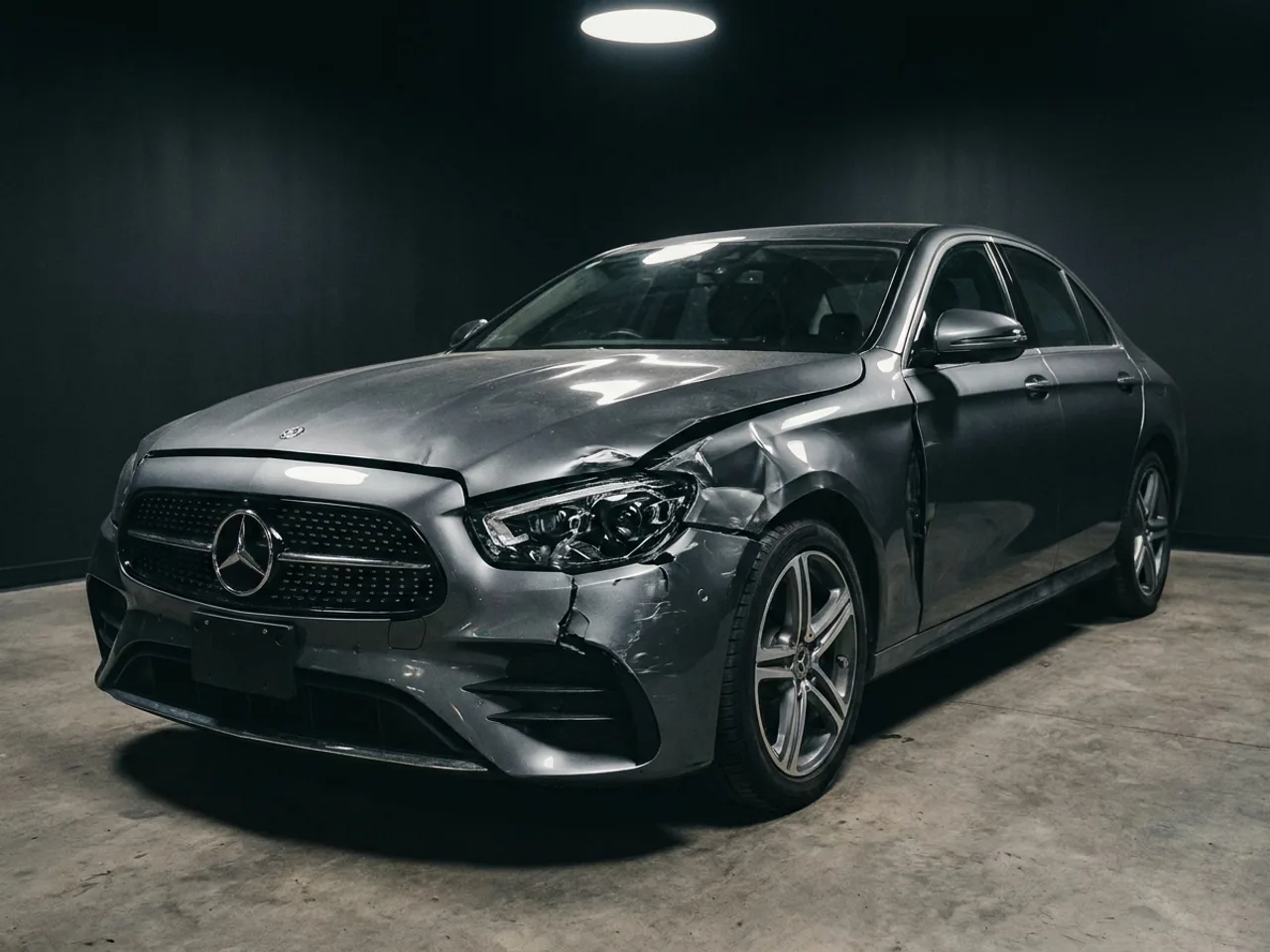 Unfallbeschädigter Mercedes der E-Klasse mit Frontschaden – beweissichere Schadenaufnahme durch den Kfz-Sachverständigen Unfallprofi Hessen.