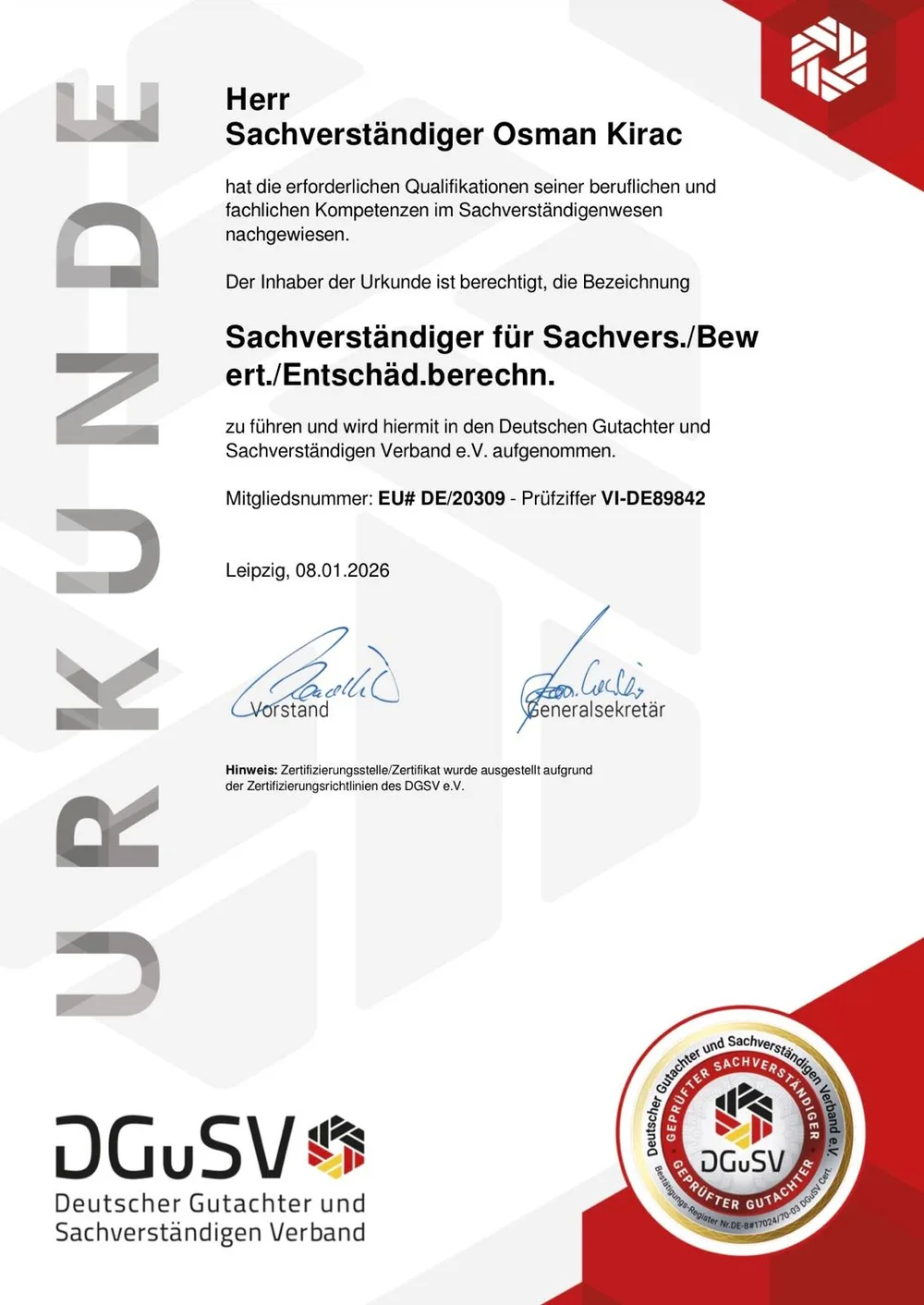 Urkunde: Mitgliedschaft im DGuSV