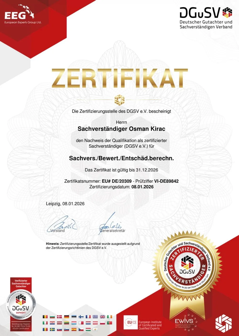Zertifikat: Zertifizierter Sachverständiger (DGSV e.V.)